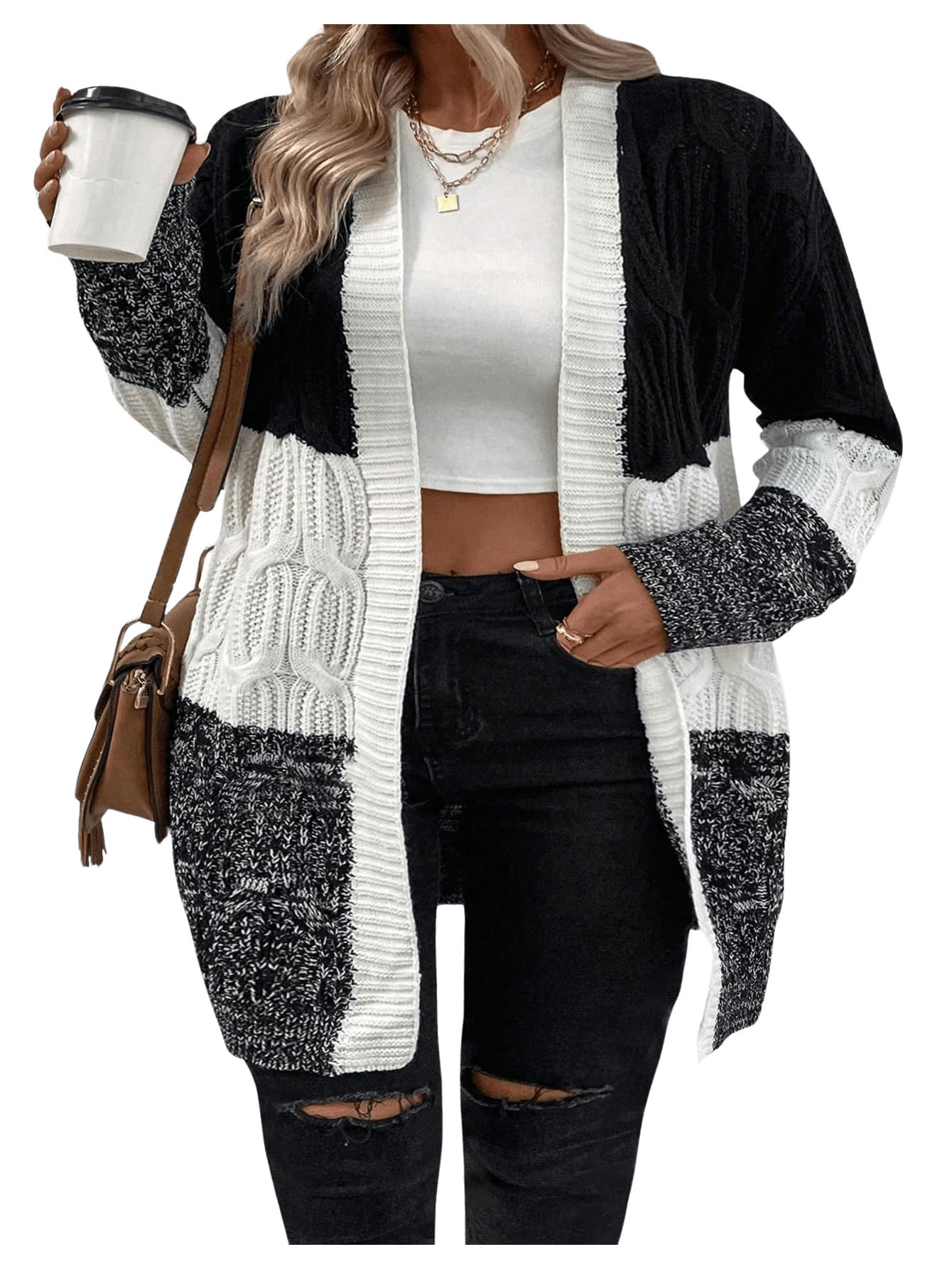 SOLY HUX Womens Plus Size Color Block Cardigan Sweater Open Front Long Sleeve Casual Cardigans