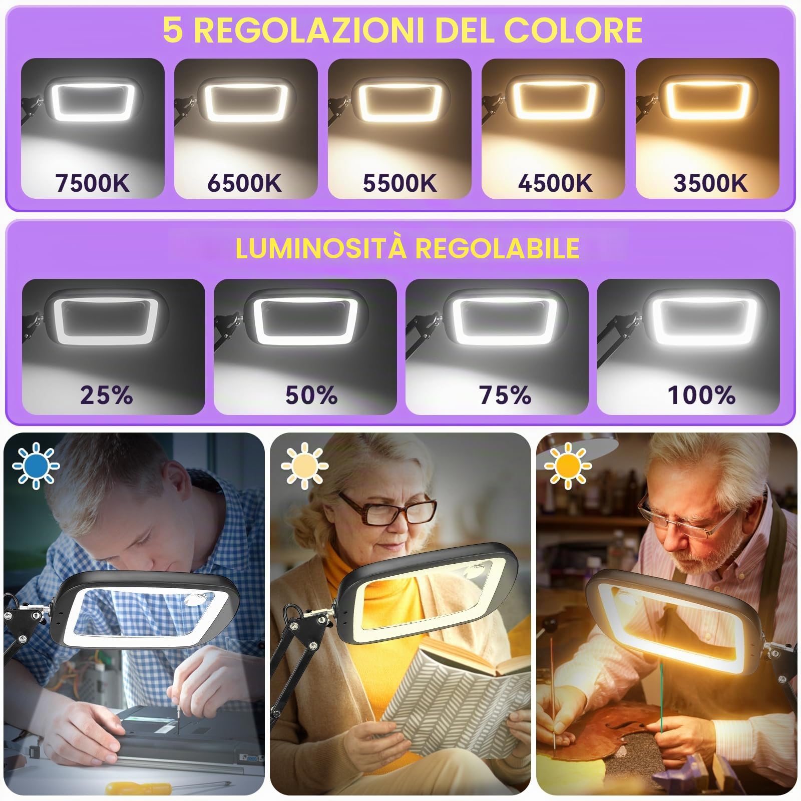 Lente di Ingrandimento con Luce LED 10X 30X, 5 Modalità Colore, Lampada da Scrivania per Lettura Hobby