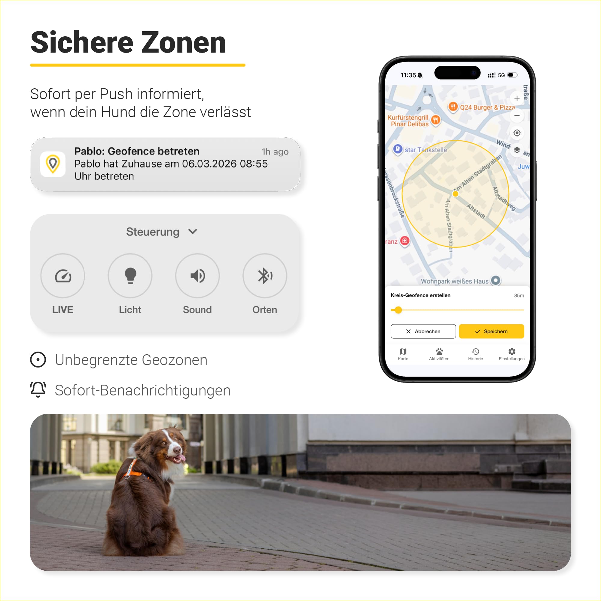GPS Tracker für Hunde | Bis zu 15 Tage Akku mit WiFi-Energiesparzonen | GPS + WiFi + Bluetooth Ortung | Wasserdicht IP67 | 4G/LTE | Alle Funktionen ab 5€/Monat | 30 Tage Kostenlos