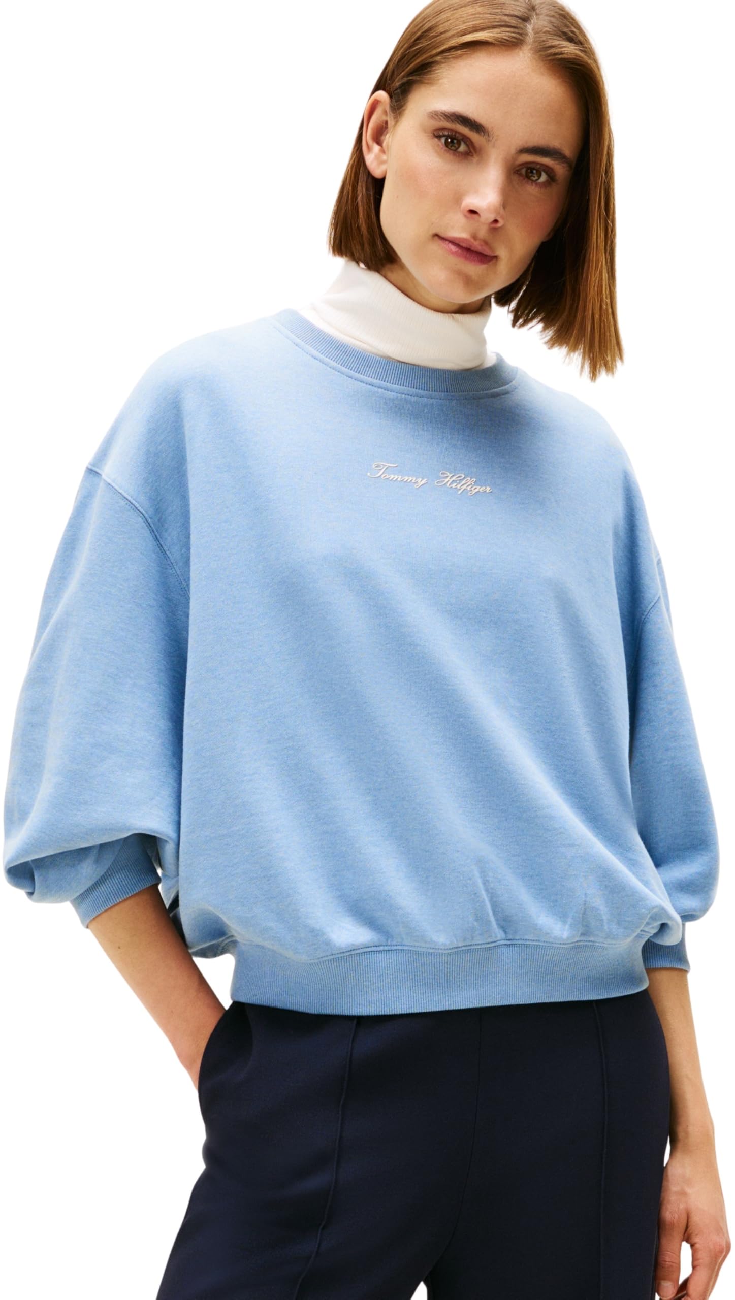 Tommy Hilfiger Women’s Round Neck Classic Script Terry Sweatshirt, Blue (Brisk Blue Heather), M