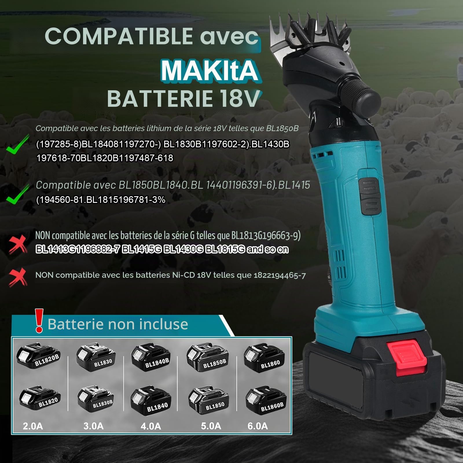 Tondeuse pour Moutons,Tondeuse Électrique 2400RPM Compatible avec Makita18V | Tondeuseà 6 Vitesses avec 2 Lames, TondeuseÉlectrique pour Moutons et Chèvres (SANS Batterie)