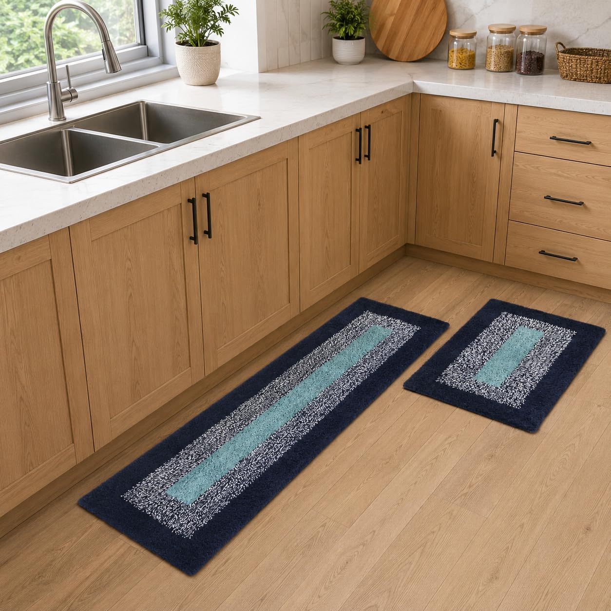 Kitchen Mat Runner 2 Piece Set | Anti Fatigue Mat for Floor | Washable Kitchen Rug Runner Cotton Tufted Kitchen Floor Mat| Size: Runner 120x40, Mat 40x60 cm (Aqua Frame Runner Set)-image-25
