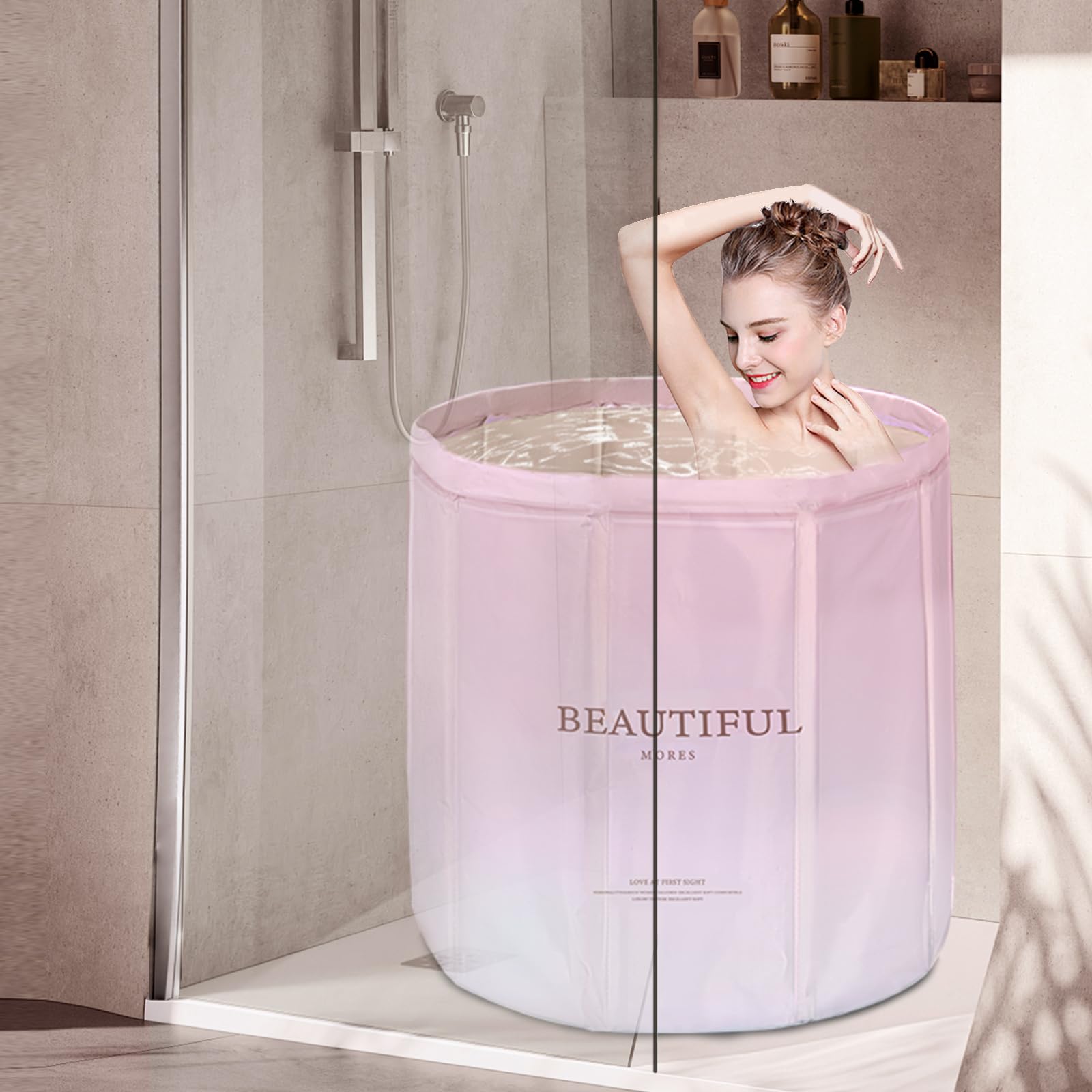 Baignoire Pliable pour Adulte Portable 65x65x70 cm pour Sauna, Douche et Bain Glacé, Pas besoin d'installation (Rose)