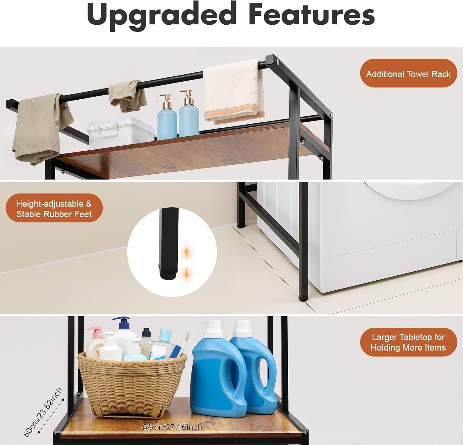 Washer and Dryer Storage Shelf, 3 Tier Space Saving Bathroom Organizer Rack, Heavy Duty Clothes Drying Rack with Height 0.39 Adjustable, Clothes Hanging Rod Rail (Black+Oak)