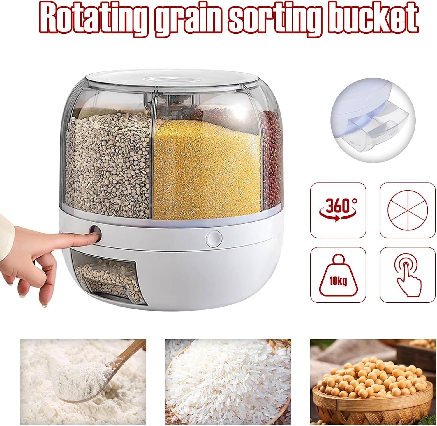 DYRABREST 6-Grid Cereal Dispenser 360° Rotating Food Storage Container 10kg/22 lbs Large Capacity Kitchen Food Dispenser Countertop Rice Bucket with Lid for Lentils, Rice, Beans, Dry Food
