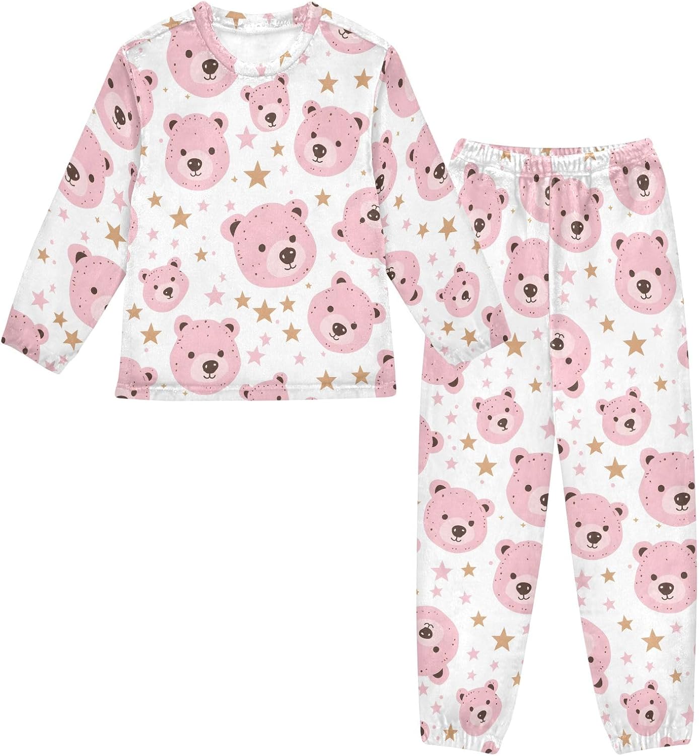 Kids Flannel Sets Pink Bears Face and Stars Warm Plush Relaxed Clothing for Boys and Girls