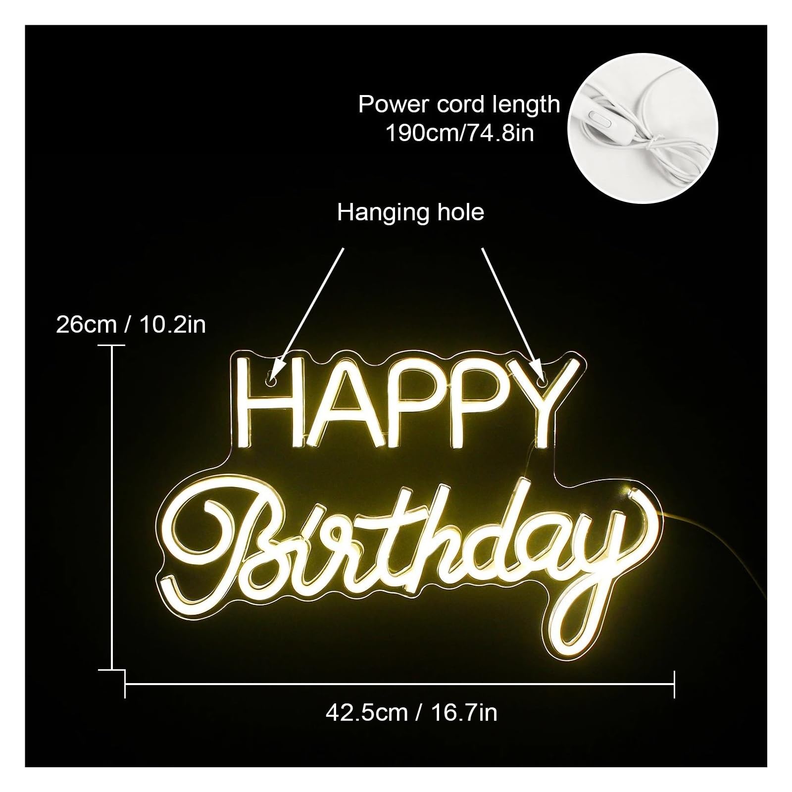 Insegne Luminose LED Neon "Happy Birthday" Segno Luce Notturna Decorazioni Per Feste Alimentato Tramite USB Decorativo Per Sfondo Camera Da Letto Decorazione Da Parete(Bianca)