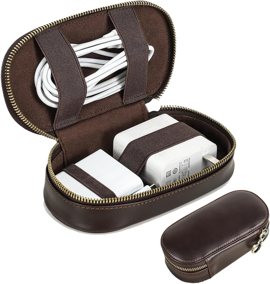 CONTACTS Full Grain Leather Electronics Organizer Small Cable Bag Handmade Tech Pouch Travel Organizer for Cable, Charger Cord