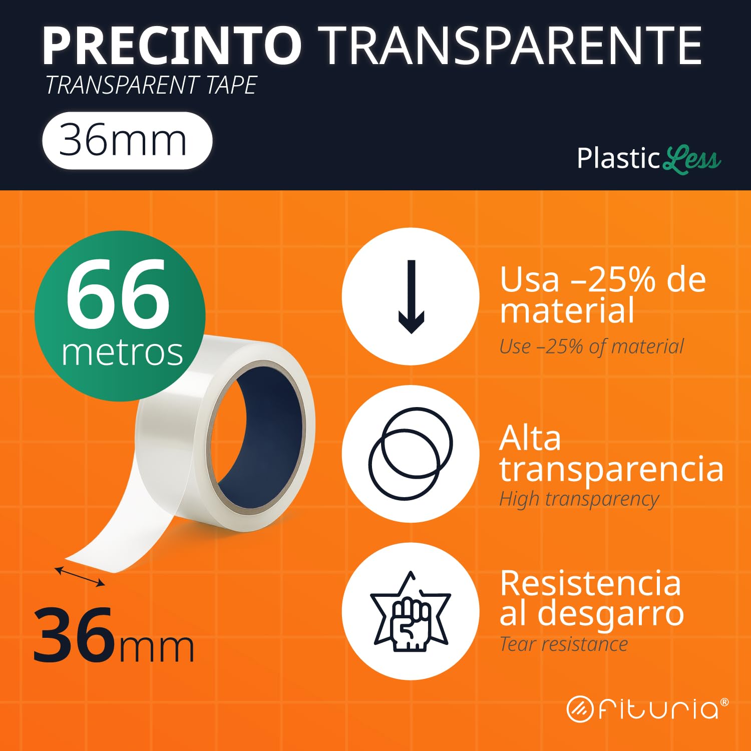 OFITURIA PlasticLess Precinto Transparente 36mm x 66m, Cinta de Embalar para Cajas, Envíos o Mudanzas, Alto Agarre, Cinta 36mm Utiliza un 25% Menos de Plástico vs 48mm (36 cintas)