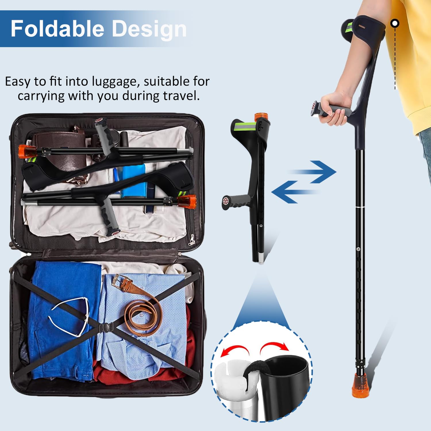 Paquete de 2 muletas plegables para adultos, muletas ligeras para adultos, mujeres, hombres, ancianos, muletas ajustables en altura con mango cómodo, muleta negra para ayuda diaria al