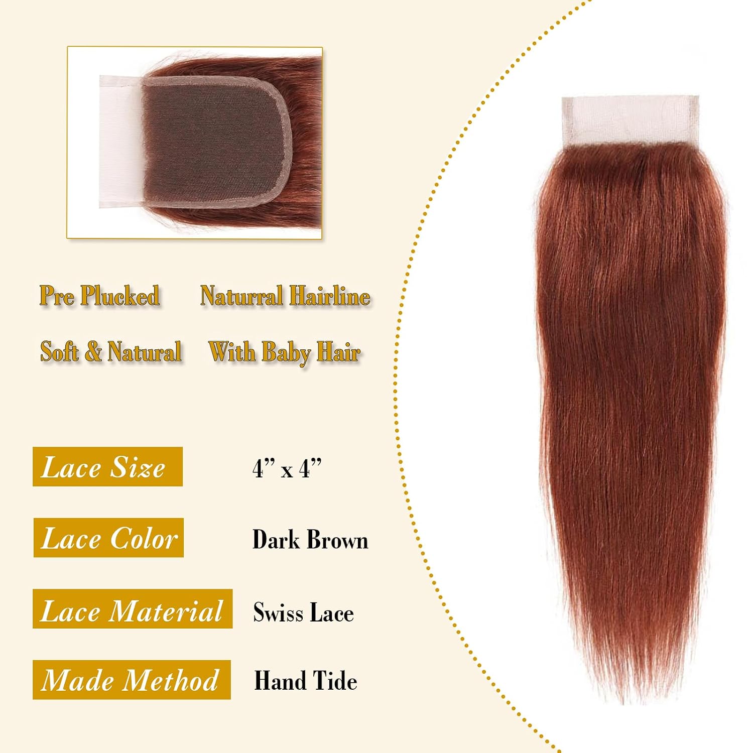 Straight Bundles With Closure Human Hair 10A Reddish Brown Human Hair Bundles With 4x4 Lace Closure 14 16 18 +14inch Free Part Brazilian Remy Hair Weave 3 Bundle and Closure