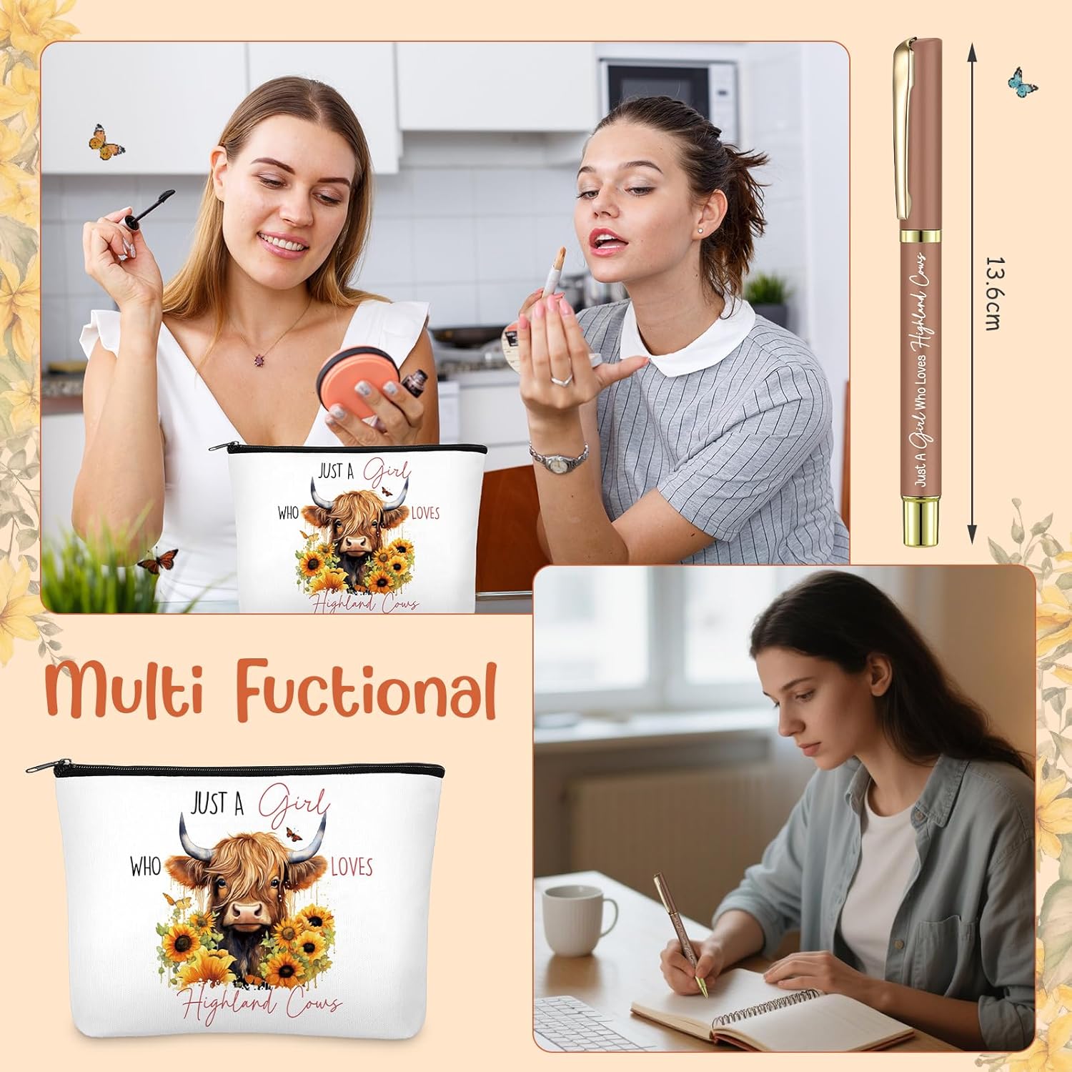 Talltalk 6 Pcs Highland Cow Lover Presents Set for Women Include Just a Girl Who Loves Highland Cows Makeup Bag, Canvas Bag, Notebook and Pen, Keychain, Socks for Coworker Teacher Sister Friends - Image 6