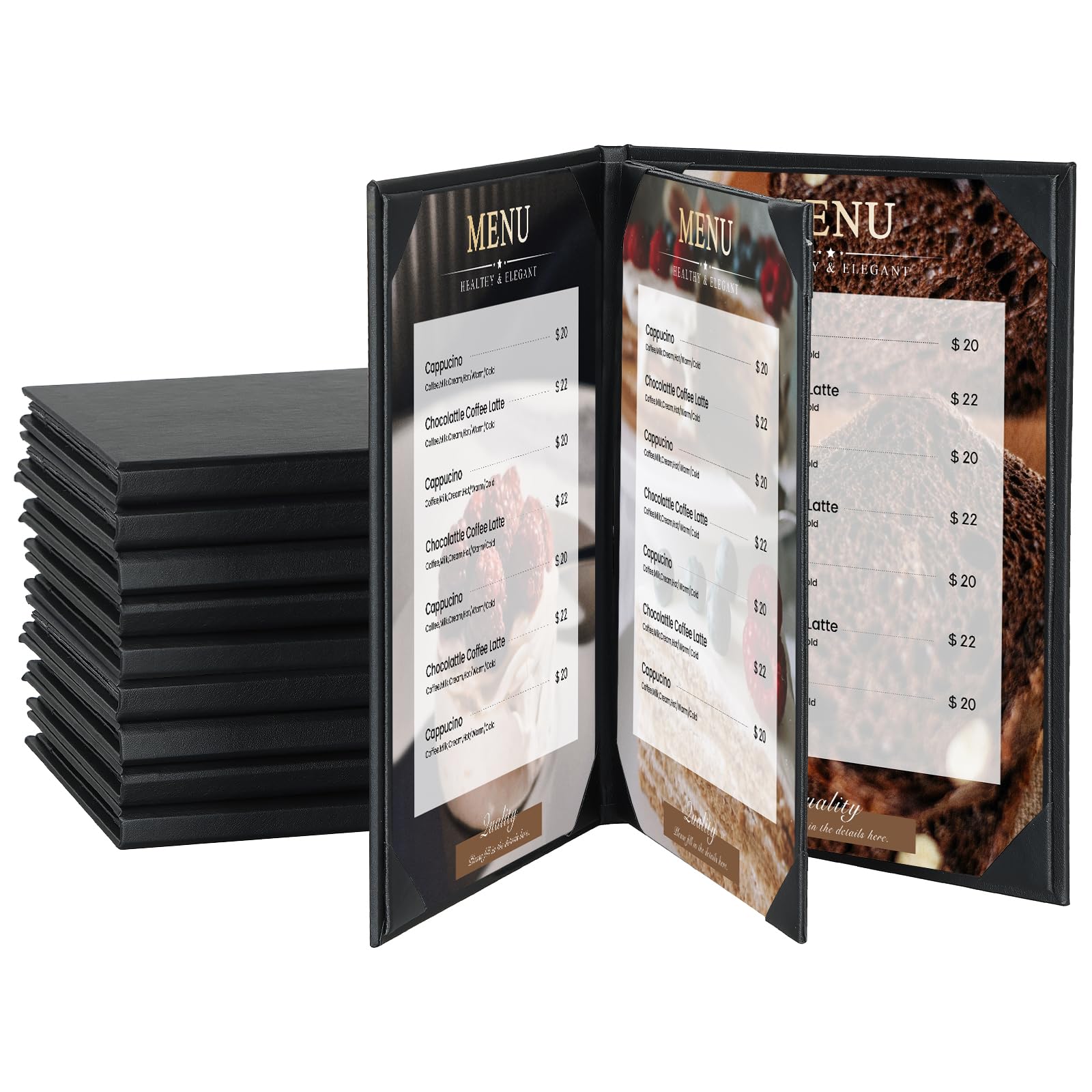 4 View - Paquete de 10 fundas para menús de 8.5 x 11 pulgadas, soporte para diploma, soporte de diploma, fundas de cuero negro, estilo libro para restaurante, cafetería, lista de vinos, apto