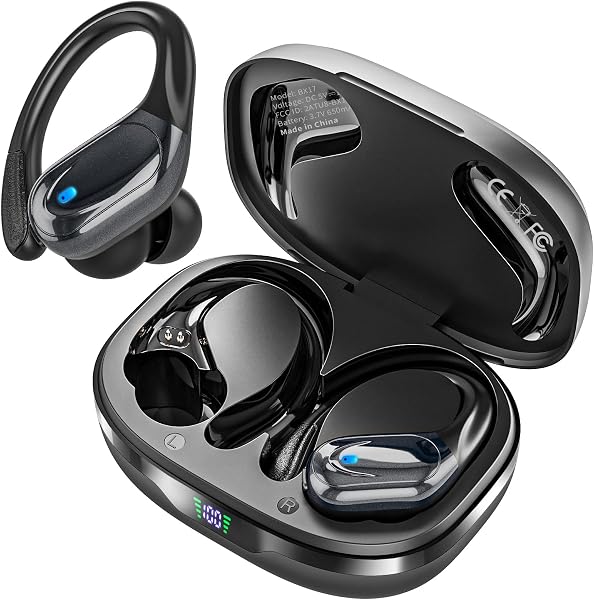 Close-up of HAOYUYAN BX17 earbuds with ear hooks engaged, illustrating the secure fit for active use.