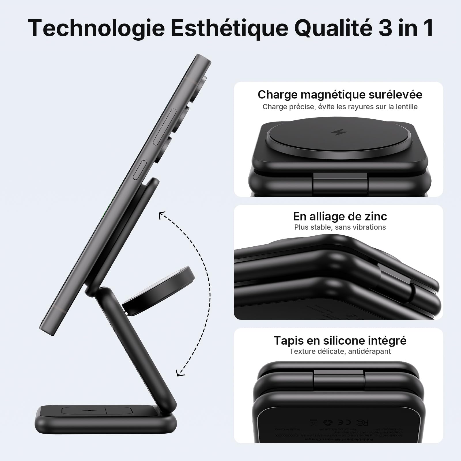 KU XIU 3 en 1 Pliable Magnétique Chargeur Induction pour Samsung | Voyage Chargeur Sans Fil pour Galaxy S26 Ultra S25 Note Z Fold Flip, Station de Charge pour Galaxy Watch, pour Galaxy Buds