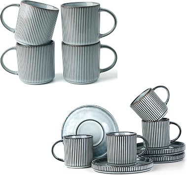 famiware Coffee Mug Set for 4 12 oz - Espresso Cups and Saucers Set of 4 3 oz - Star Stoneware Cups - Smoky Blue