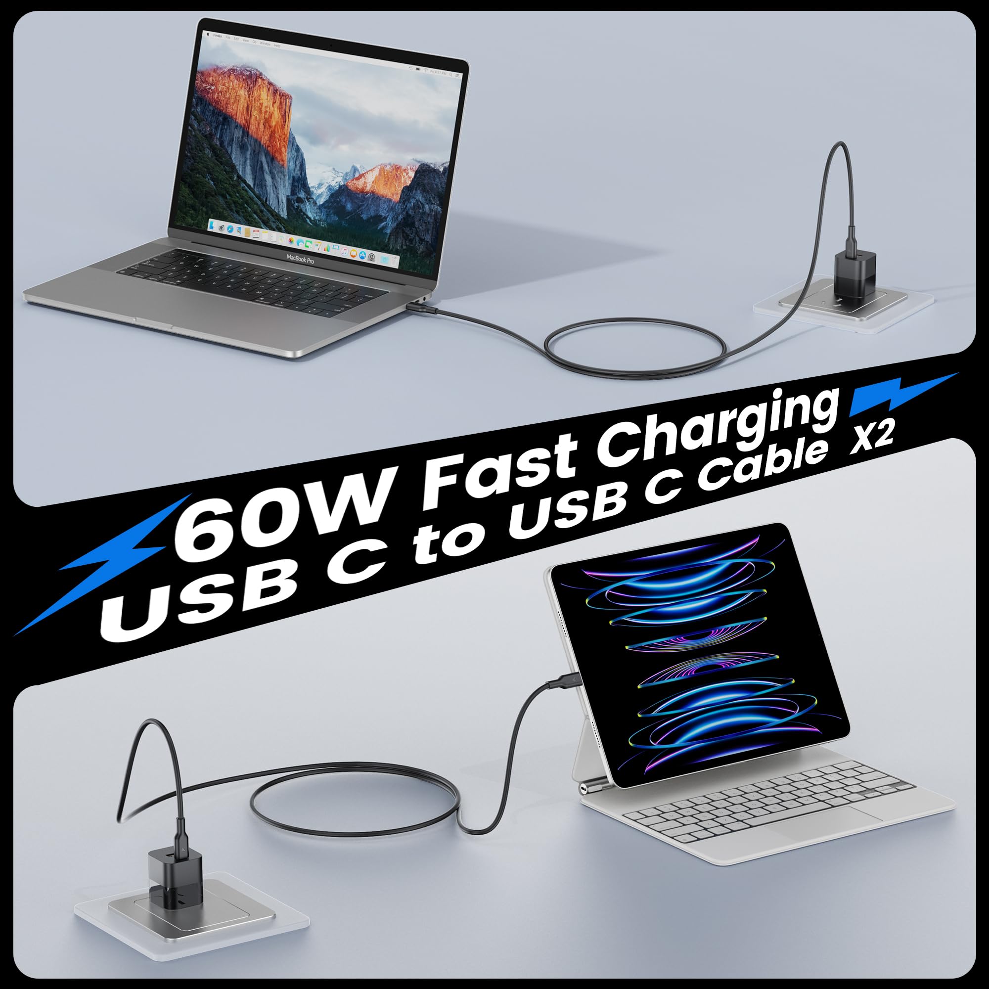 RAMPOW Cavo USB Type-C 4Pack 2M, Cavo USB C a USB C 60W, Cavo USB A USB C 3A, Cavo USB C per iPhone 16, Cavo USB Tipo C Ricarica Rapida per iPhone 15/16/15 Pro/16 Pro, iPad, Samsung Galaxy S22/S21