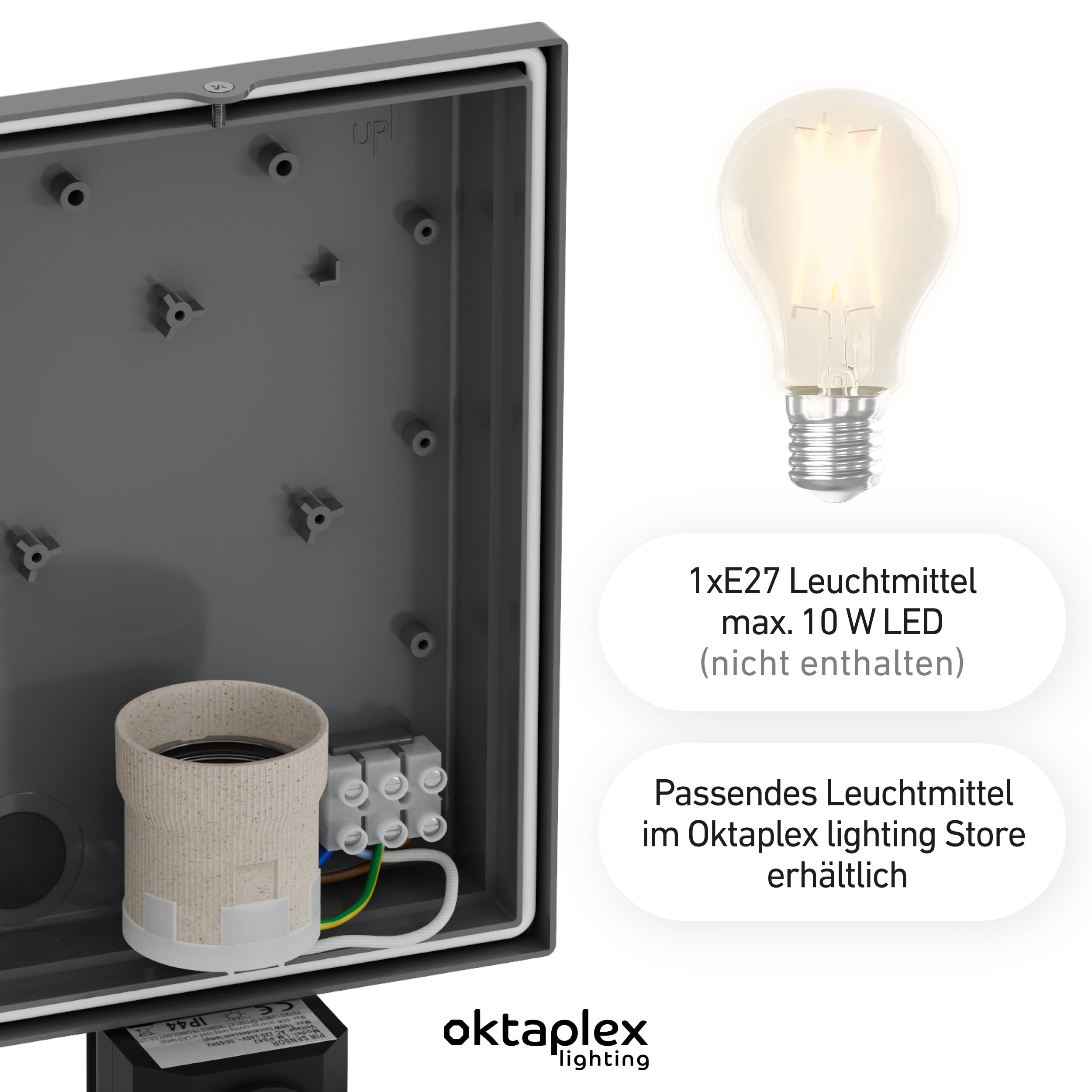 Oktaplex Alto Aussenlampe mit Bewgungsmelder E27 Fassung Wandleuchte IP44 anthrazit 230V Außenleuchte mit Bewegungsmelder 7 Meter Reichweite