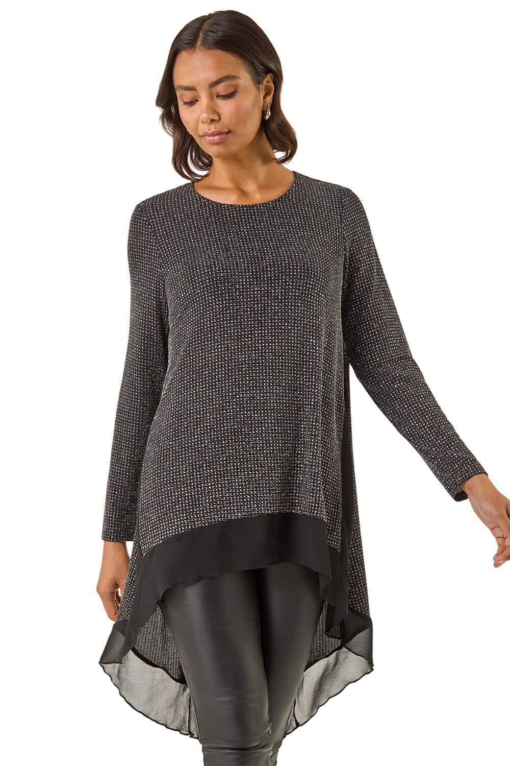 Roman Women's Black Shimmer Chiffon Hem Stretch Top In Size 10