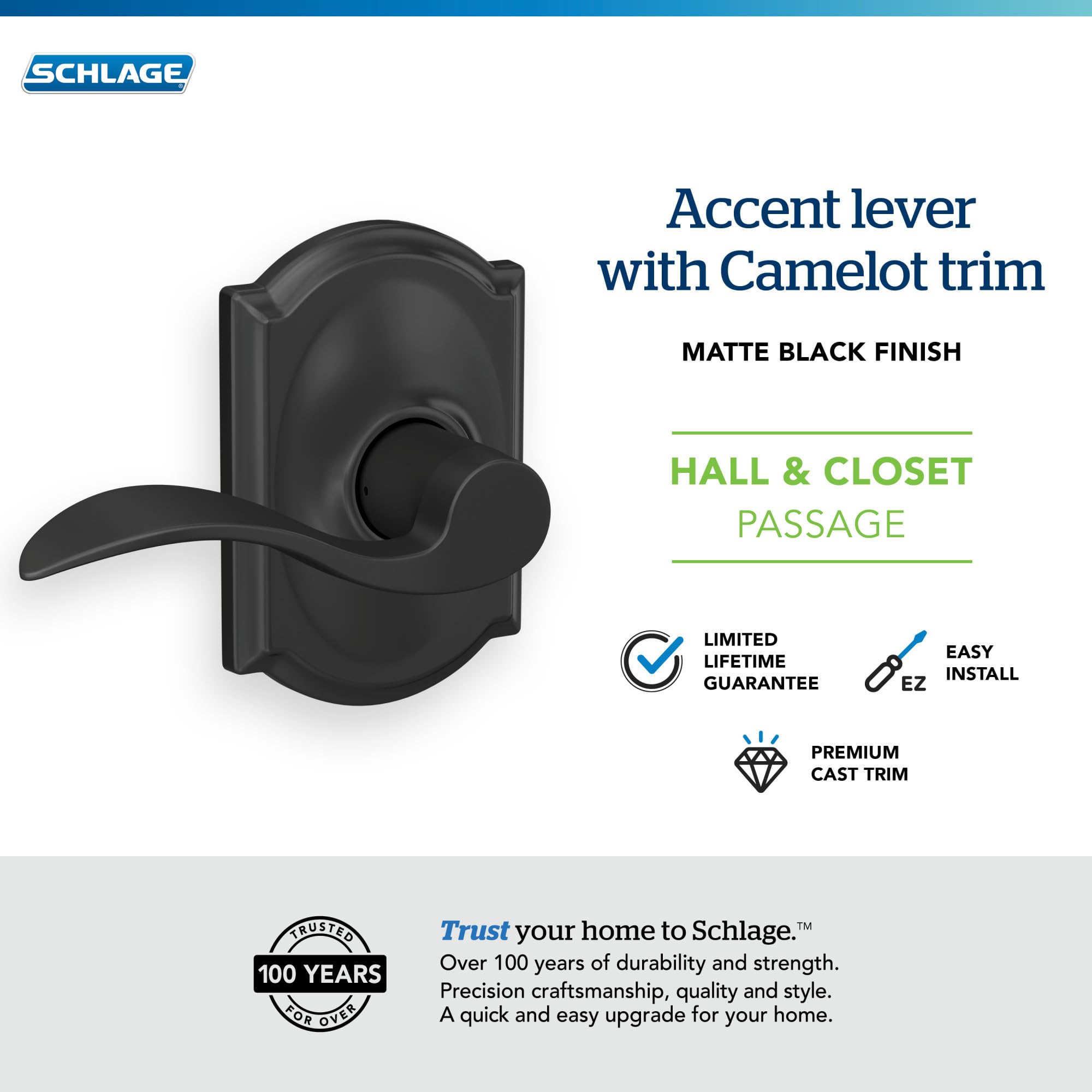 Camelot Trim with Accent Hall and Closet Lever, Matte Black (F10 Acc 622 CAM), 1 Pack - Image 4