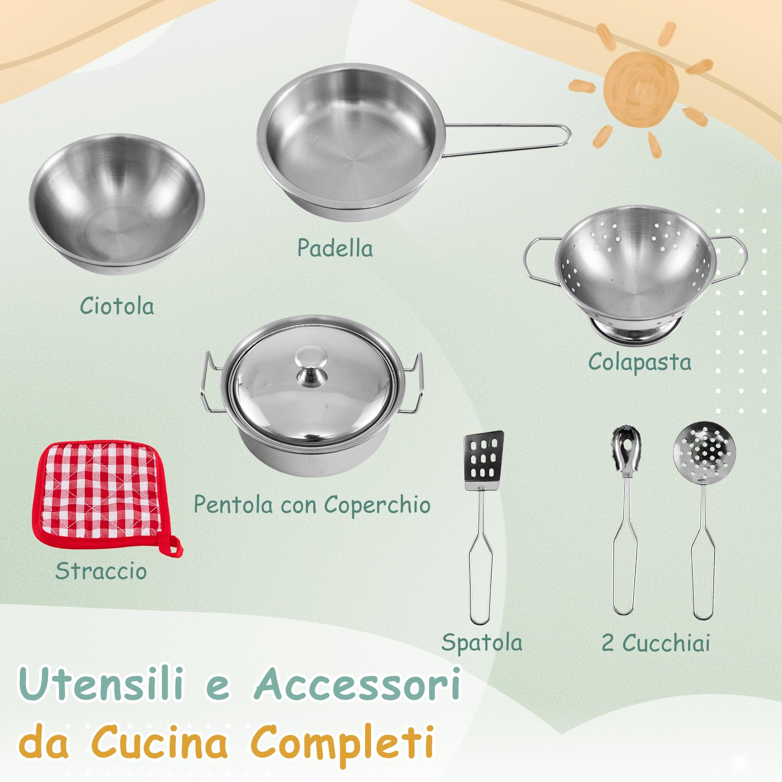 COSTWAY Cucina Giocattolo per Giardino con Vaso da Piantinaggio Trasparente, Rubinetto e Lavandino Rimovibile, Cucina in Legno di Abete per Bambini, Set Cucina con 8 Accessori (Verde e Arancio)