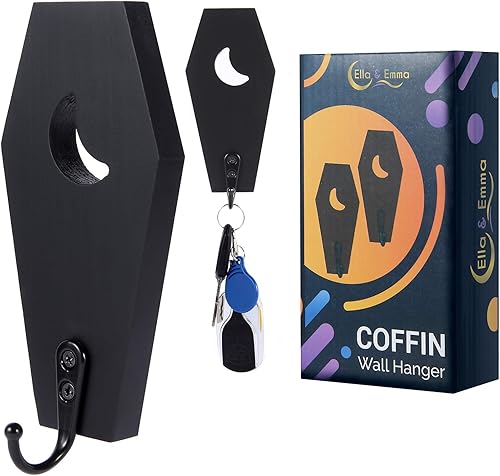 Ella & Emma Soporte para llaves montado en la pared en forma de ataúd, colgador de pared gótico para decoración del hogar con gancho, decoración