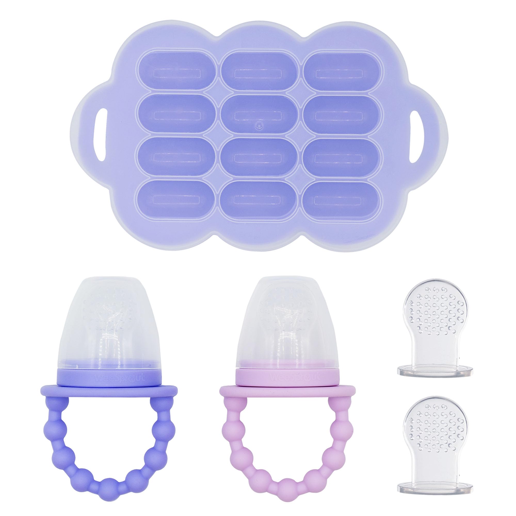Baby Food Feeder Set - 2 Silicone Feeders & Reusable Freezer Tray with Lid - BPA-Free Fresh Fruit & Veggie Pacifier for Babies & Toddlers - Double as Teething Toys - Dishwasher Safe