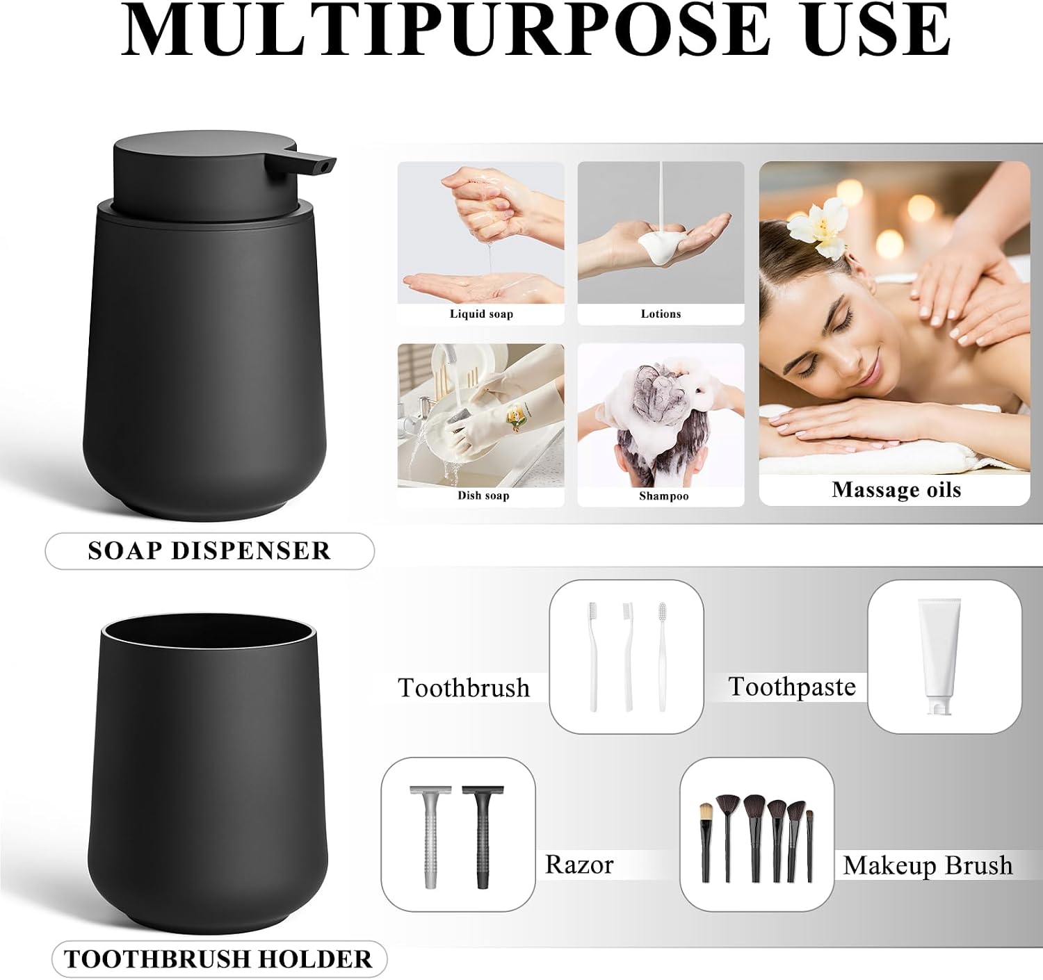 Matte Black Bathroom Accessories Set | Plastic Hand Soap Dispenser and Toothbrush Holders 2 Piece