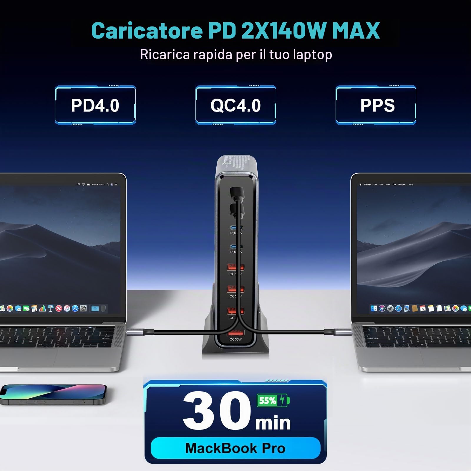 Caricatore USB C da 530 W, multiplo con 8 porte, GaN III, USB, multiplo con 4 x USB-C e 4 x USB-A, PD140 W, 65 W, 30 W Power Delivery stazione di ricarica USB C per MacBook Pro/Air, iPhone, iPad