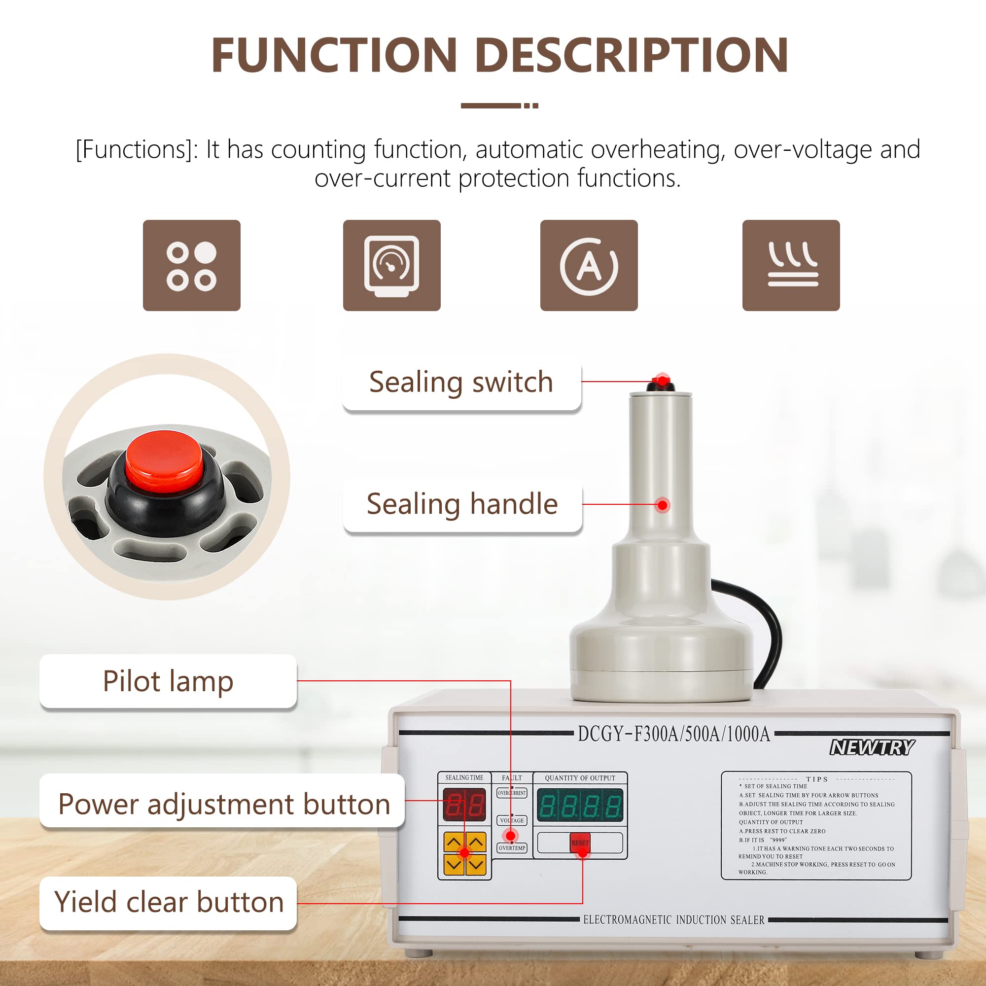 NEWTRY Máquina de sellado por inducción DCGY-500 de 20-100 mm, Sellador eléctrico de papel de aluminio para botellas de plástico o vidrio con tapa plana y no metálica