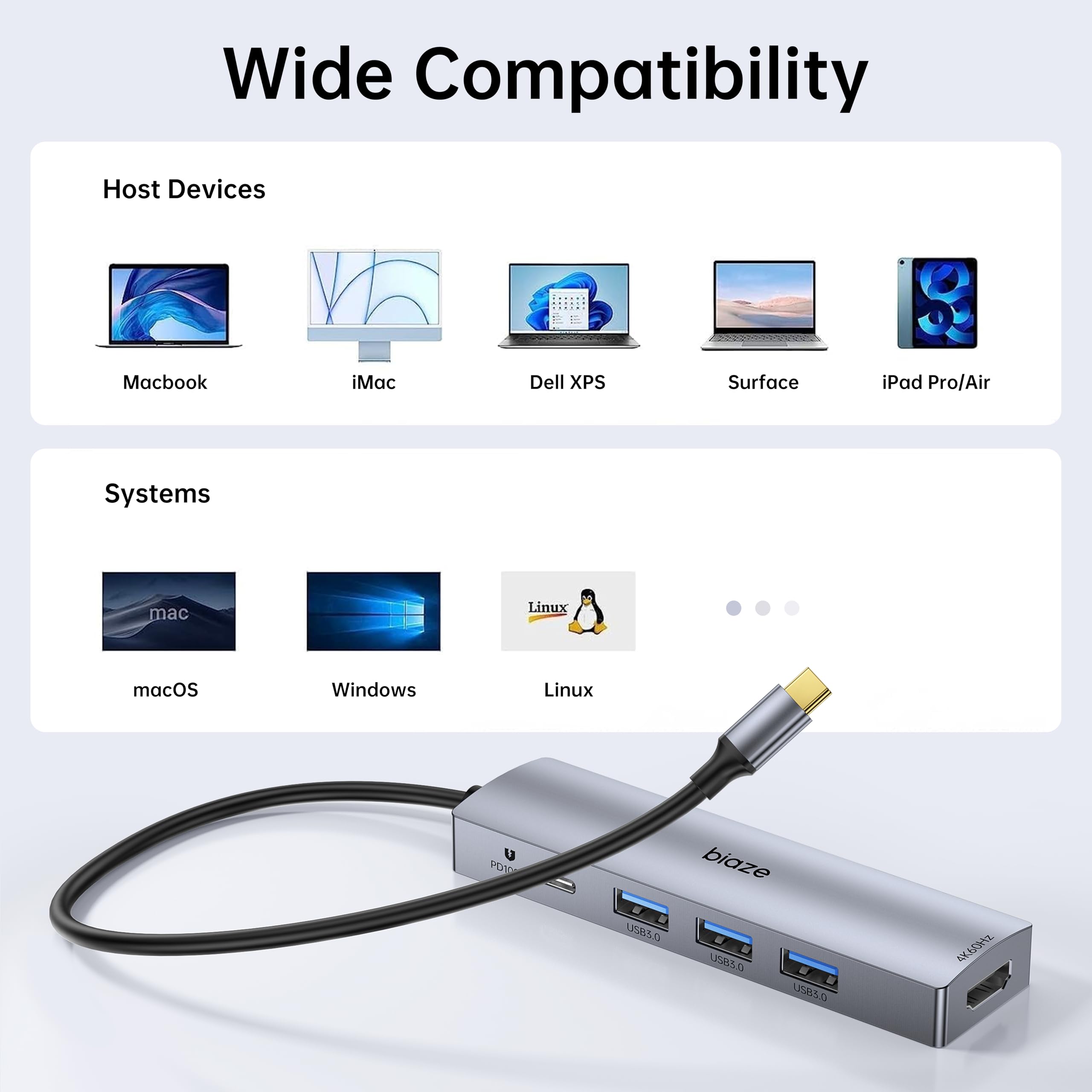 Base 5 en 1 para MacBook: amplía tus puertos. Soporta HDMI 4K60Hz, carga rápida PD de 100 W, 3 puertos USB 3.0, hub para portátil. Compatible con MacBook Air/Pro M4/M3 y iPhone 15/16 Series.