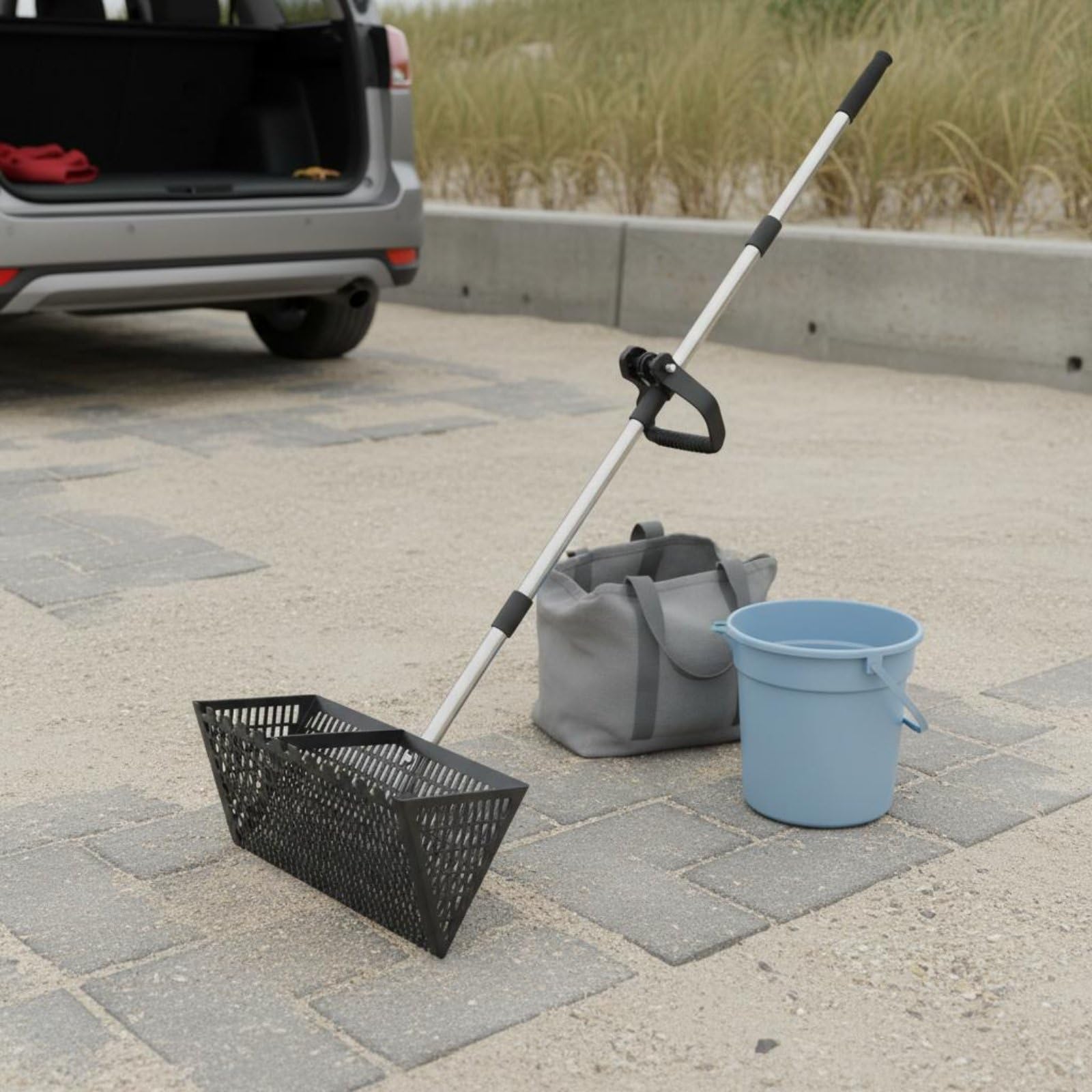 Pala de Arena de Playa Criba Rastrillo Herramienta Mango Largo Regulable y Empuñadura Cómoda para Trabajo Adecuada para Rastreo de Orilla Huertos, Plata
