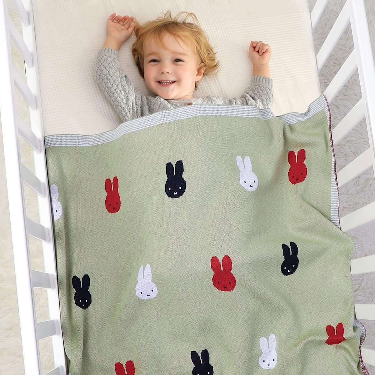 DovFanny Newborn Baby Super Soft Knitted Blanket Toddler Unisex Boys Girls 100% Cotton Banket with Lovely Rabbit Pattern 100 x 80cm Light Green - Image 3