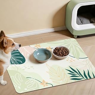 Topotdor Boho Dog Food Mat for Floors, Absorbent Quick-Dry Cat Pet Feeding Mat, Non-Slip Dog Bowl Mat for Food and Water, Pet Placemat for Dogs, Cats, Puppy Accessories, 12"x20", Green