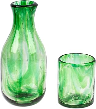NOVICA Artisan Handblown Recycled Glass Carafe Green Cup Mexico Tableware Drinkware Delicate GreenPair