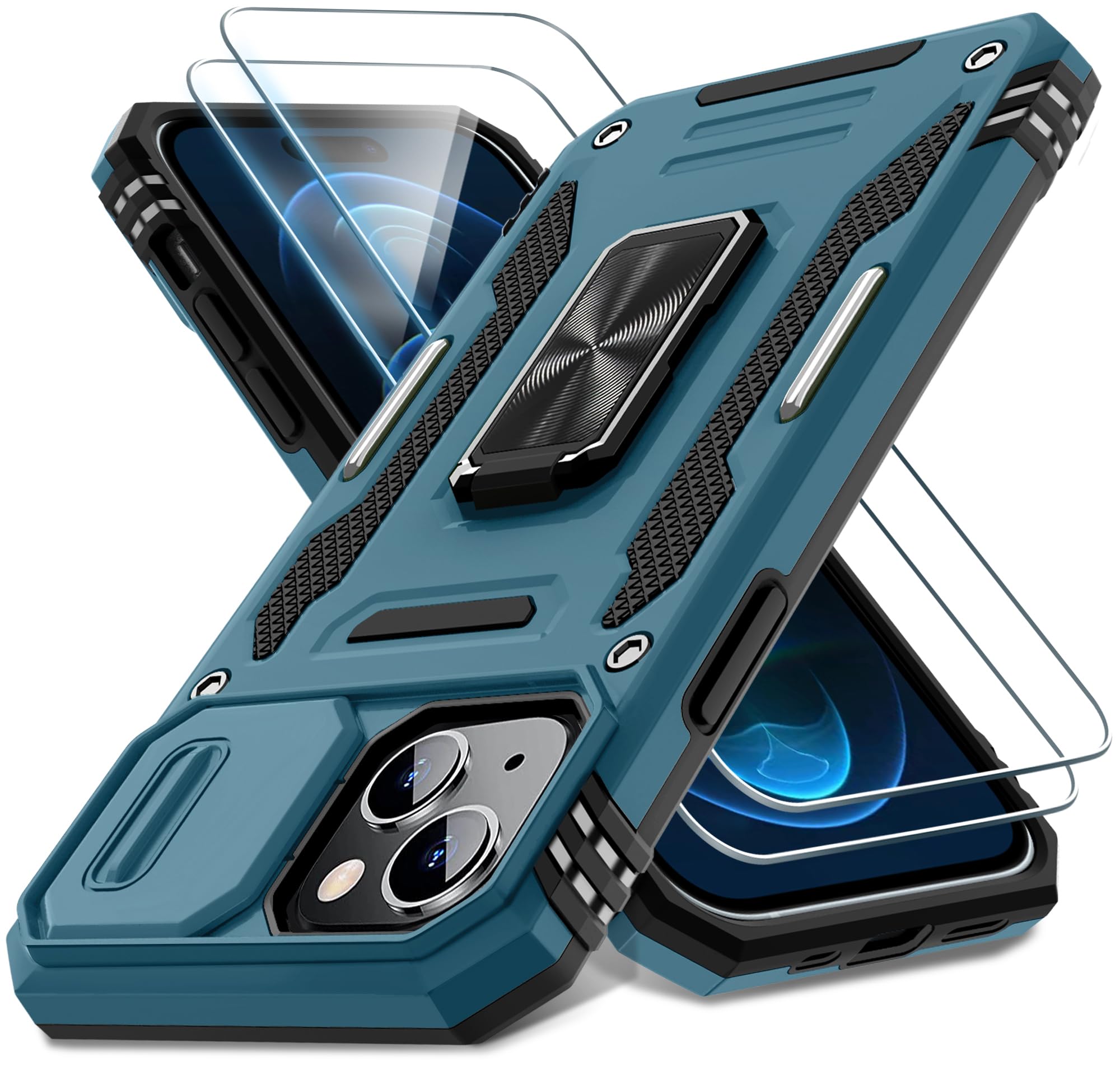 deerlamn case for iphone 15 with slide camera cover + screen protector  ring kickstand military grade shockproof protective cover-light blue