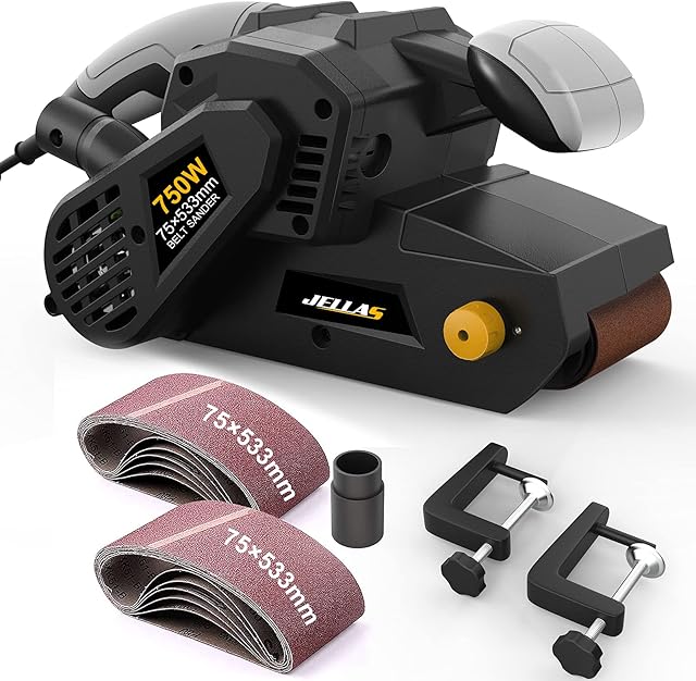 Jellas 750W Belt Sander 75×533mm with 10Pcs Sanding Belts and Dust Bag, Bench Sander with Variable-speed Control, 2 in 1 Vacuum Adapter, 10Feet (3 meters) Length Power Cord