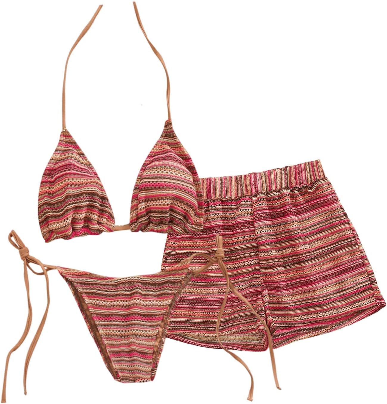 GORGLITTER Women's 3 Piece Summer Beach Thong Bikini Set Striped Halter Triangle String Swimsuit Shorts Coverups