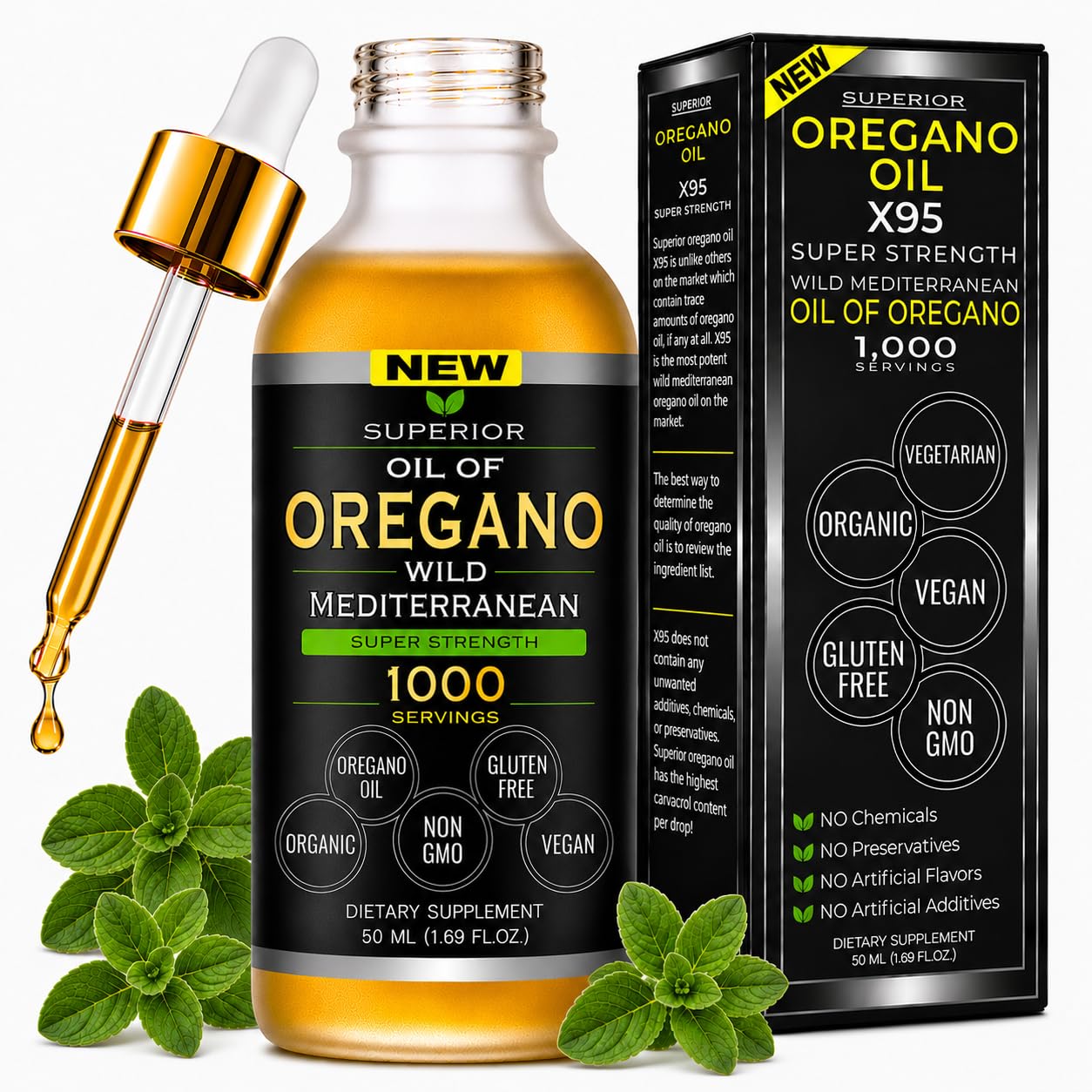 Oil of Oregano Drops – Super Strength – Mediterranean Wild Oregano – 1000 Servings – 1.69 oz