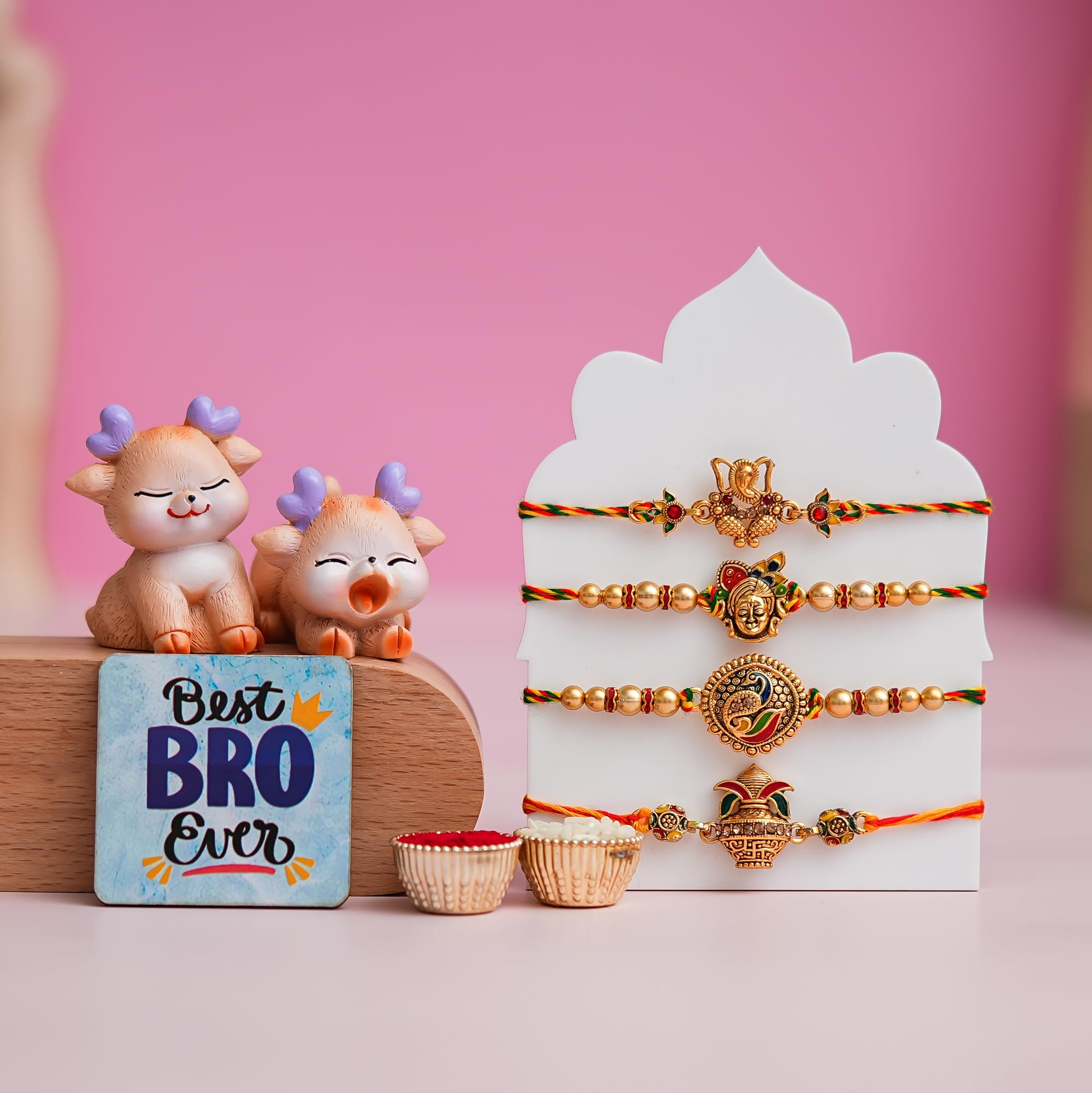 eCraftIndia Set of 4 Designer Rakhi with Cute Deer Showpiece & Best Bro Ever Fridge Magnet | Premium Raksha Bandhan Gift Set for Brother | Roli Chawal Included