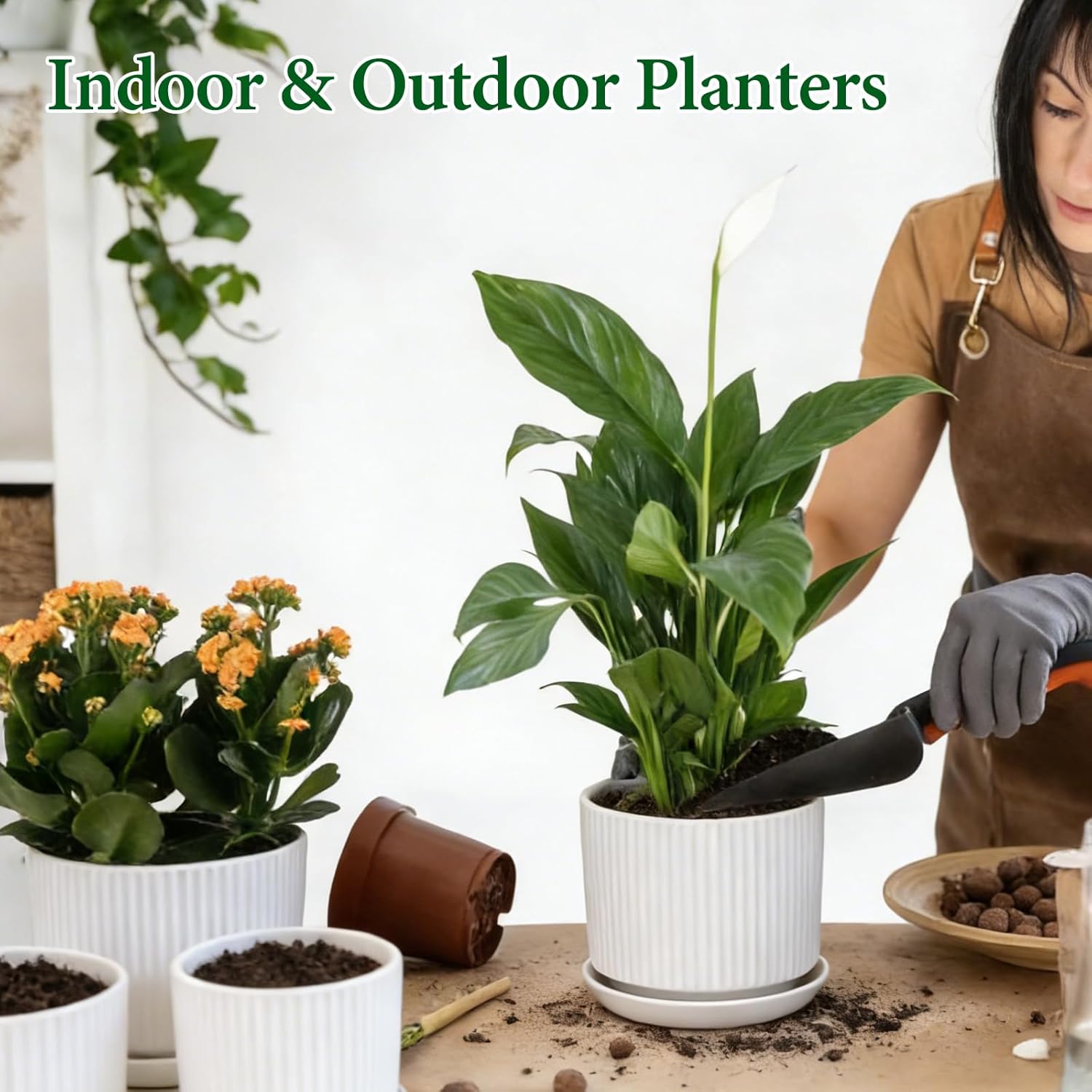 Ceramic-Flower-Pots-Sets-with-Saucer, 5/6/8 inch Small Planters for Indoor Plants with Drainage Hole, White Vertical Stripe Plant Pots for Home Decor, Outdoor Garden Pot For Succulent Cactus Herb