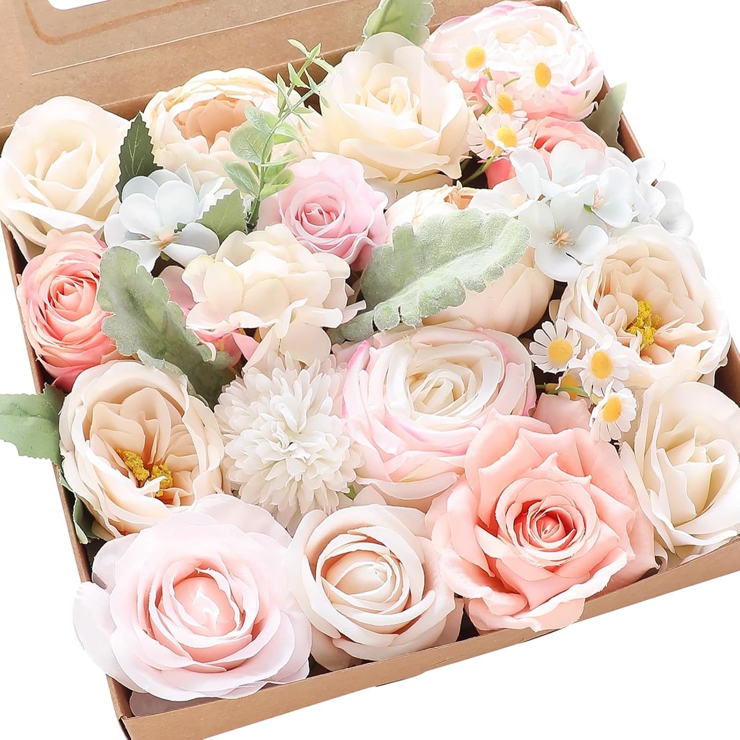 Floroom Blush Cream Artificial Flowers Fake Roses Peonies Dahlia and Greenery Combo Box Set for DIY Wedding Bouquets Bridal Shower Centerpieces Floral Arrangements Party Tables Home Decorations