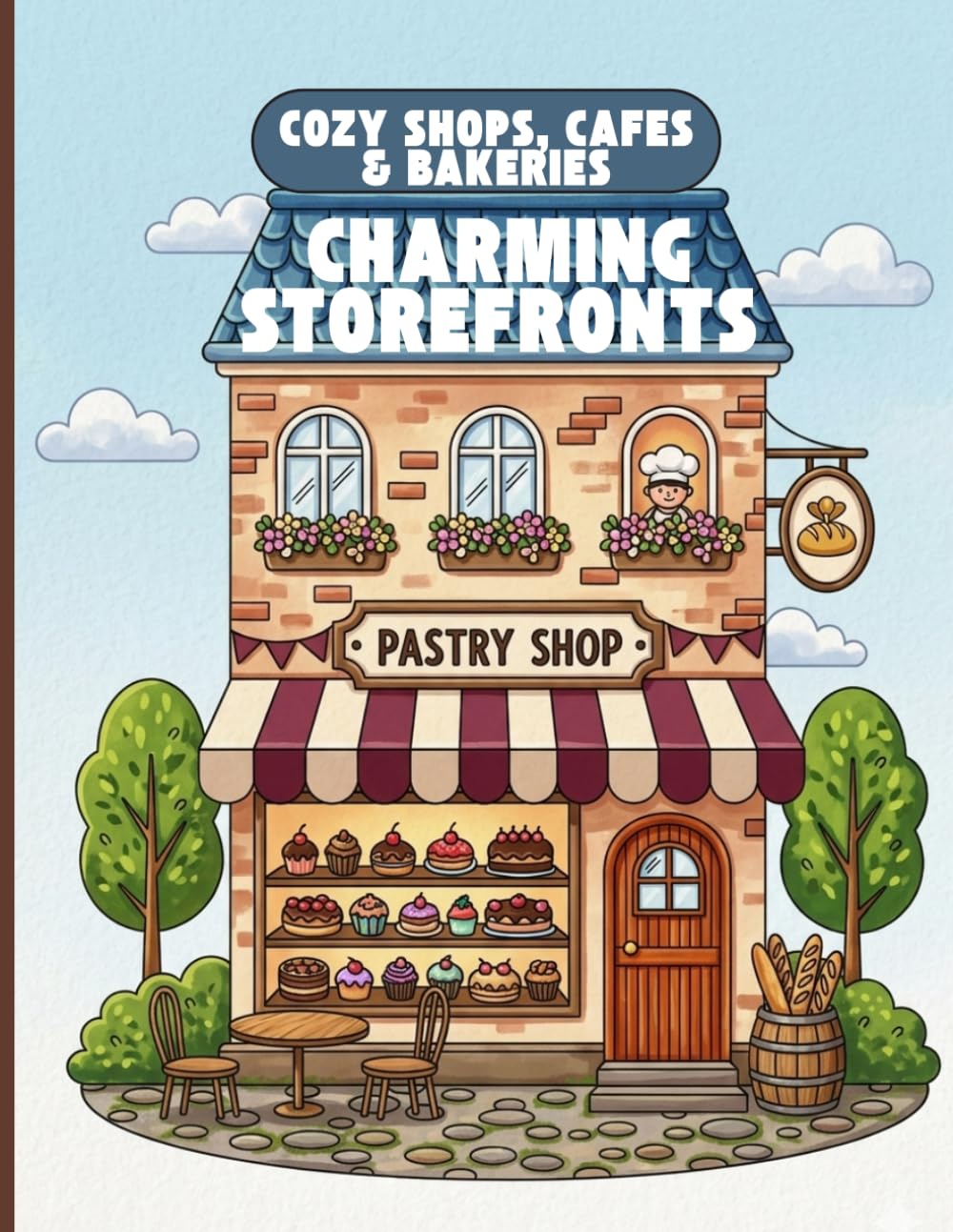 Charming Storefronts Cozy Shops, Cafes,cinemas & Bakeries coloring pages for adults: Stress relief coloring book