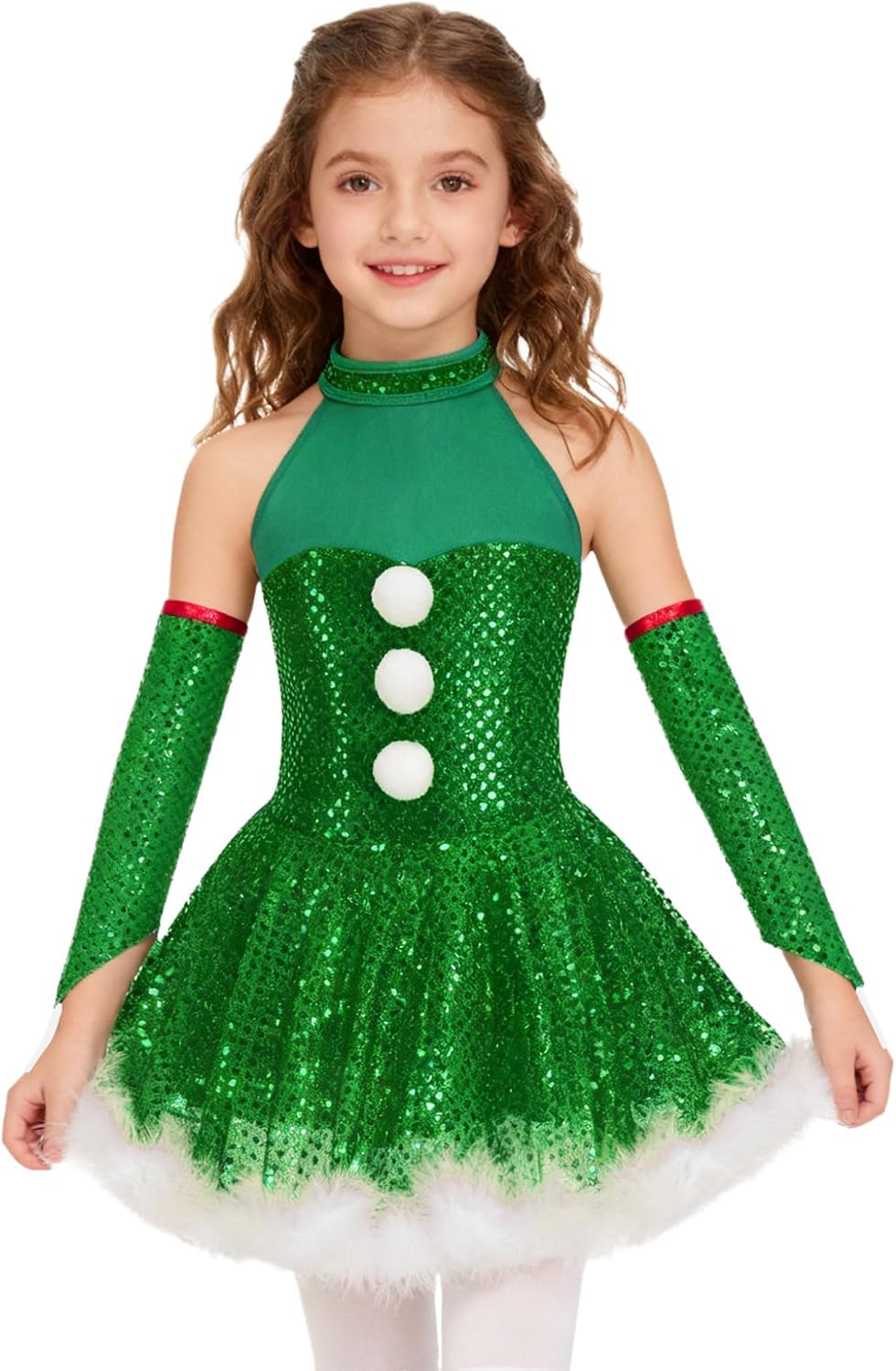 Hansber Girls Christmas Dancewear Xmas Snowman Dress Halter Neck Shiny Sequin Dance Tutu Dress for Stage Show