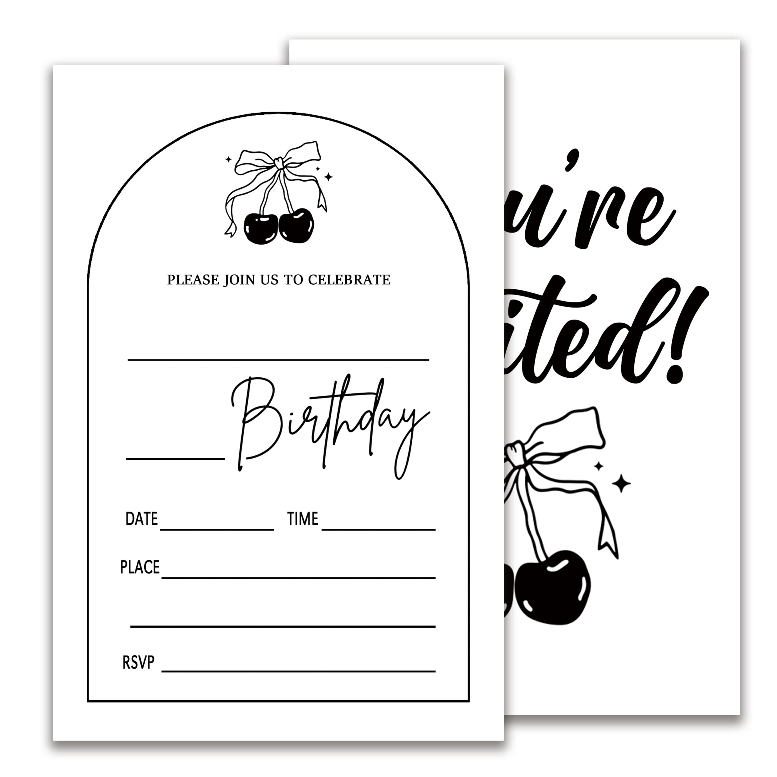 Black Bow Birthday Invitation, Girls Party Invite, Cherry Birthday Invitation Cards, 20 Fill In Style Invitation Cards with Envelopes, Girls' Party Favors & Decorations 4x6 Inch-C06