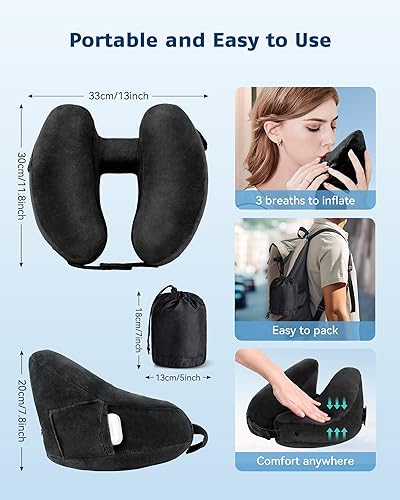 Miniatura 6 de Almohada de viaje inflable para el cuello, almohada de avión con funda de terciopelo, almohada inflable para automóvil, tren, avión (negro, M)