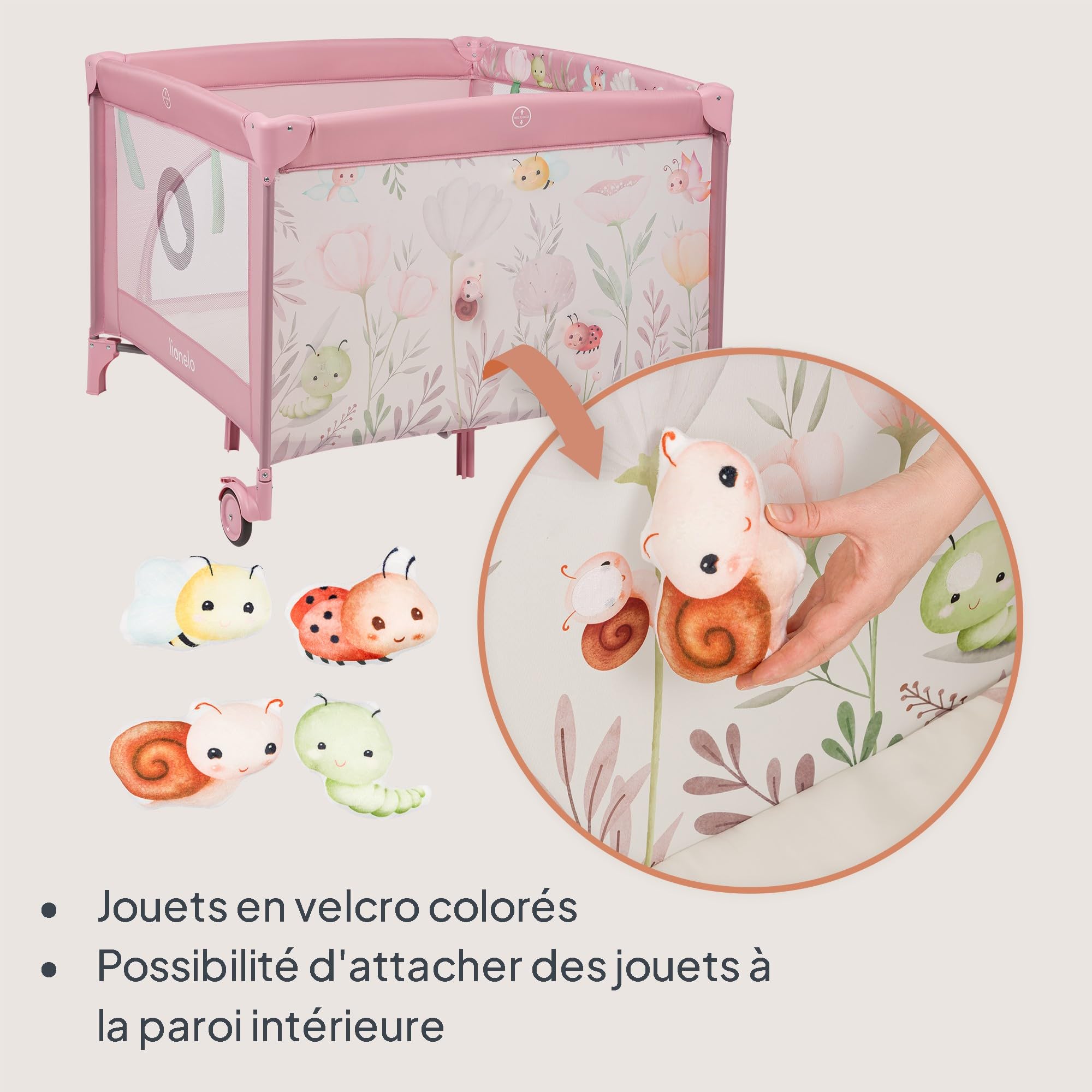 LIONELO MILLE PLUS Parc pour bébés 2-en-1 et jusqu’à 15 kg, de 0 à 36 mois, Entrée latérale, Matelas 3D, 2 roues avec frein, Pliable, Sac de transport inclus