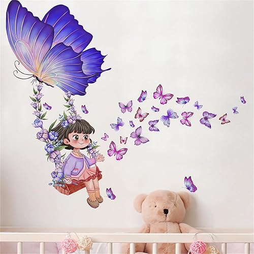 Calcomanías de pared con diseño de flores de mariposa moradas y encantadoras niñas pequeñas, calcomanías de pared de arte de sacinora de vinilo