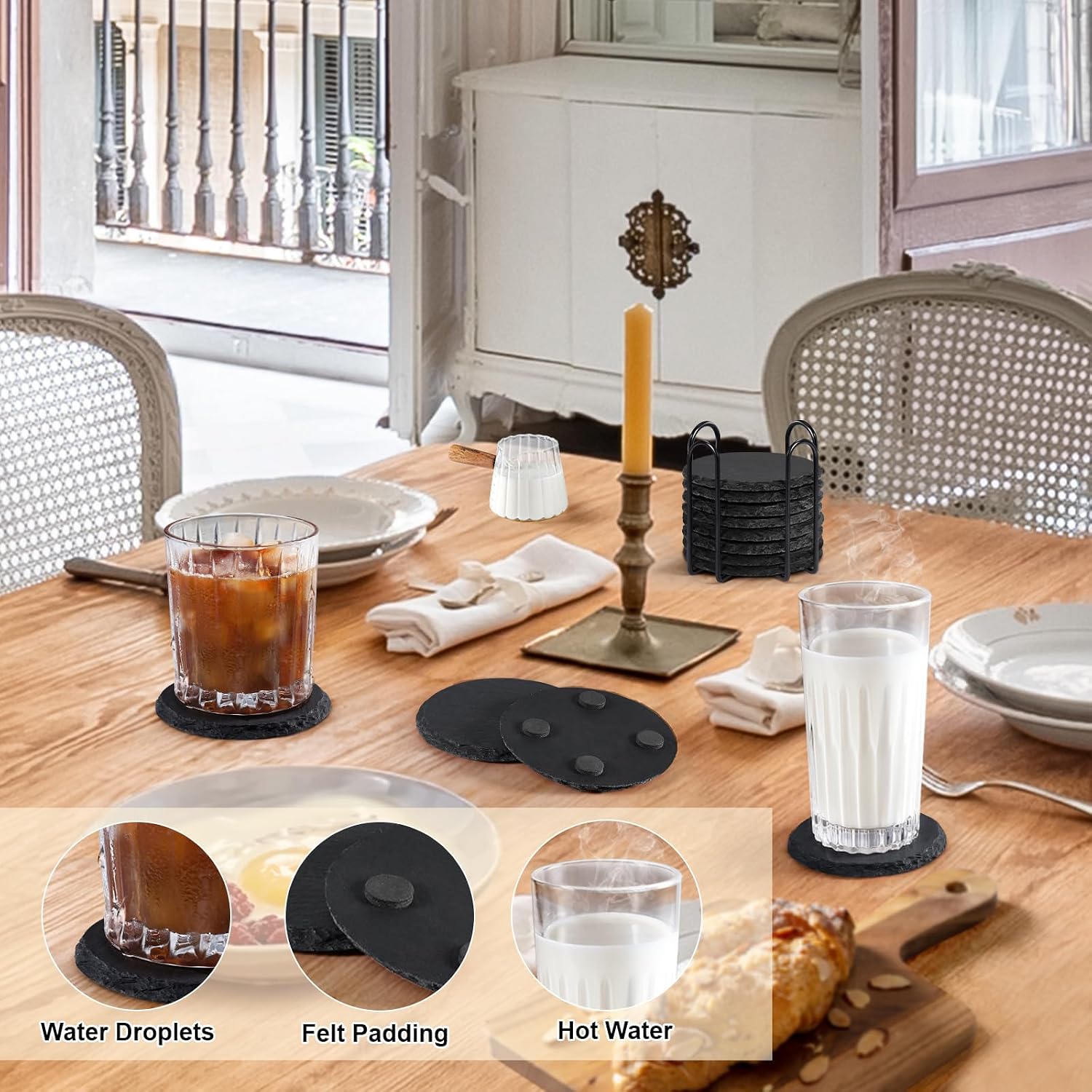 Slate Coasters with Holder, MAPRIAL 4 Inch Coaster Set of 12 Round Black Slate Stone DIY Coasters with Anti-Scratch Backing for Halloween Christmas, Bar, Kitchen, Home Decor, Gifts for Mom, Dad