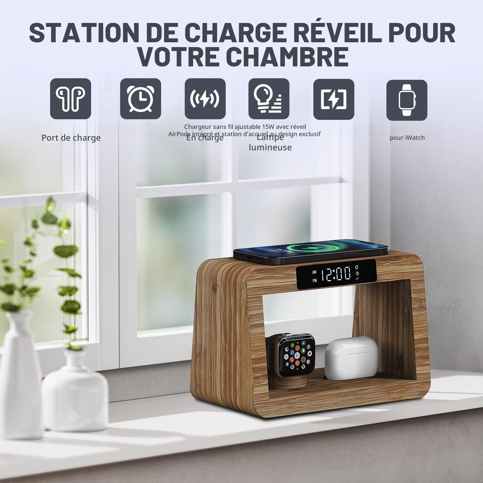 Station de Charge sans Fil 5 en 1, Chargeur Rapide sans Fil avec réveil numérique et veilleuse, Station de Charge en Bambou, Compatible avec iWatch/AirPods/Samsung Galaxy et Autres